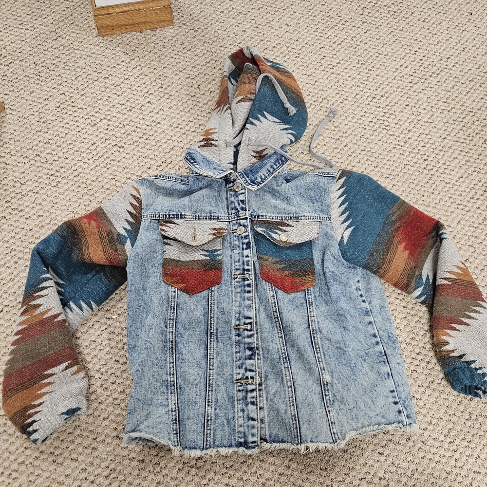 Aztec Jean Jacket Hoodie Small Cowgirl Western Detachable Hood